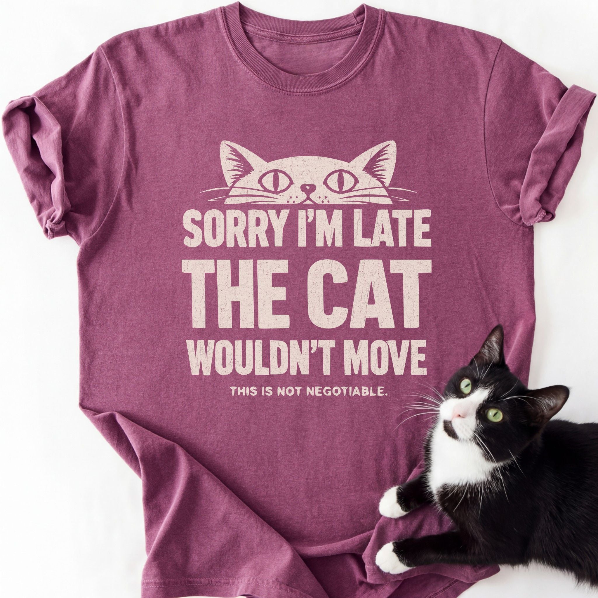 Mauve heather Sorry I'm Late cat graphic tee with white print