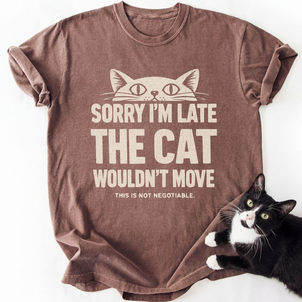 Brown heather Sorry I'm Late cat graphic tee with white print