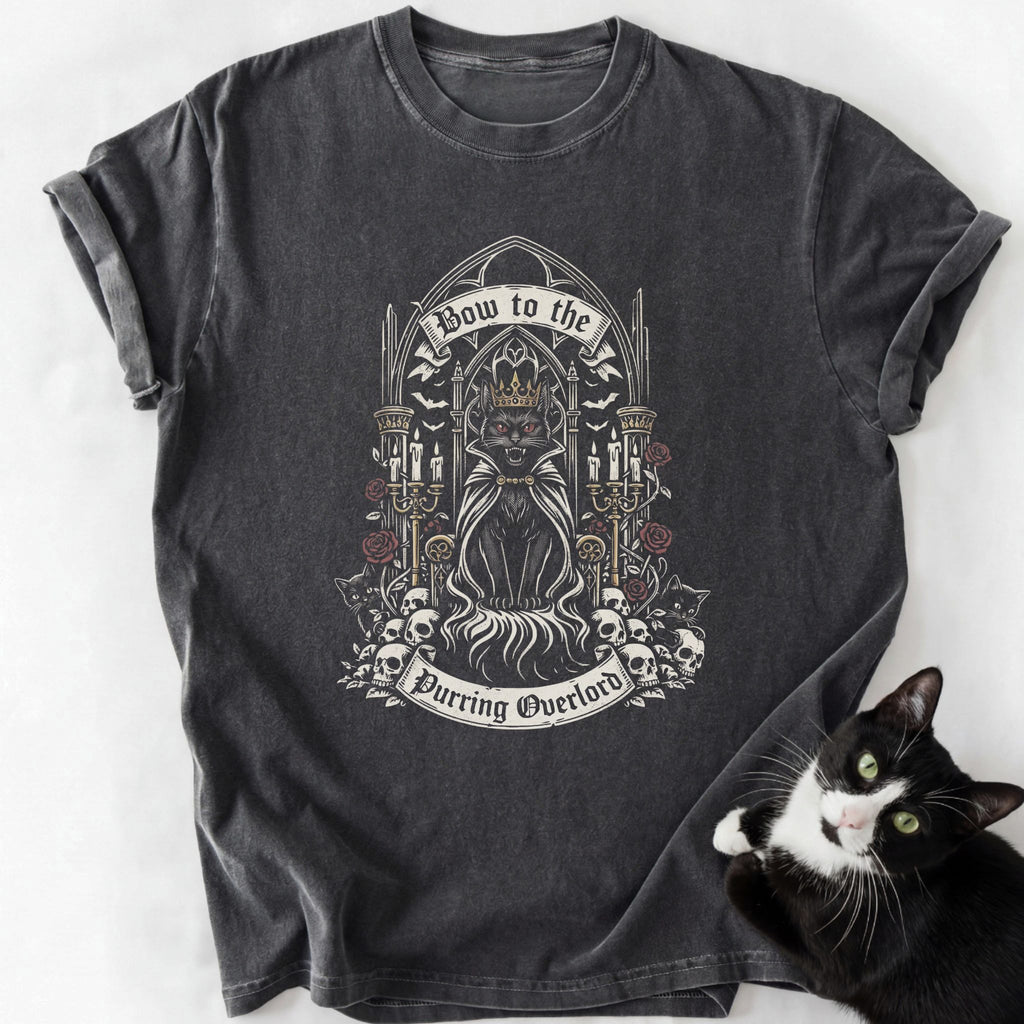 Dark gray garment-dyed t-shirt with gothic cat graphic and 'Purring Overlord' text