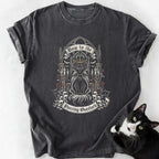Dark gray garment-dyed t-shirt with gothic cat graphic and 'Purring Overlord' text