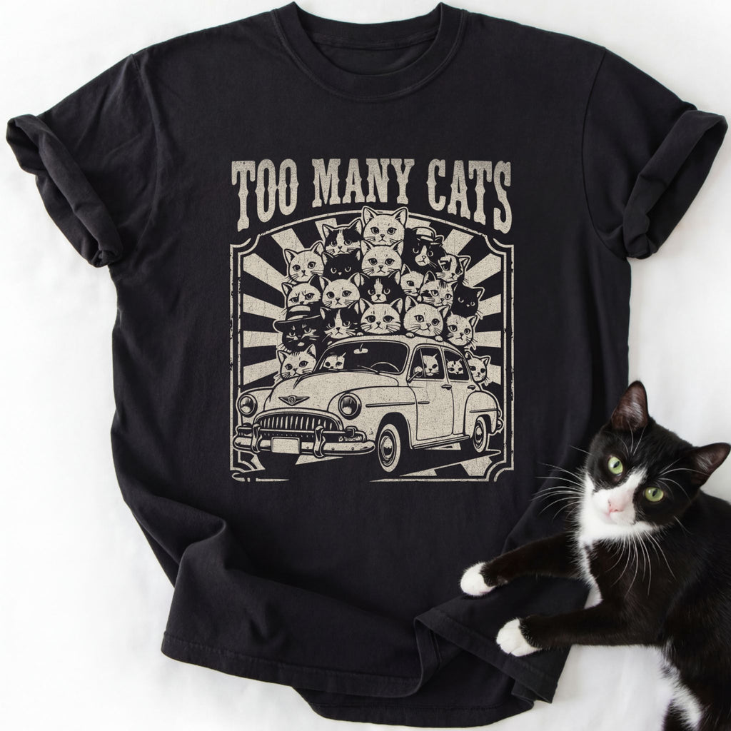 Black Too Many Cats graphic tee with vintage car and cartoon cats art