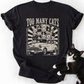 Black Too Many Cats graphic tee with vintage car and cartoon cats art