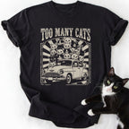 Black Too Many Cats graphic tee with vintage car and cartoon cats art