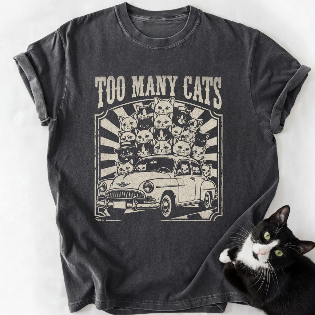 Dark gray soft-washed Too Many Cats t-shirt with vintage car cat graphic