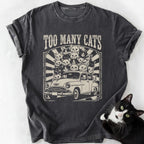 Dark gray soft-washed Too Many Cats t-shirt with vintage car cat graphic