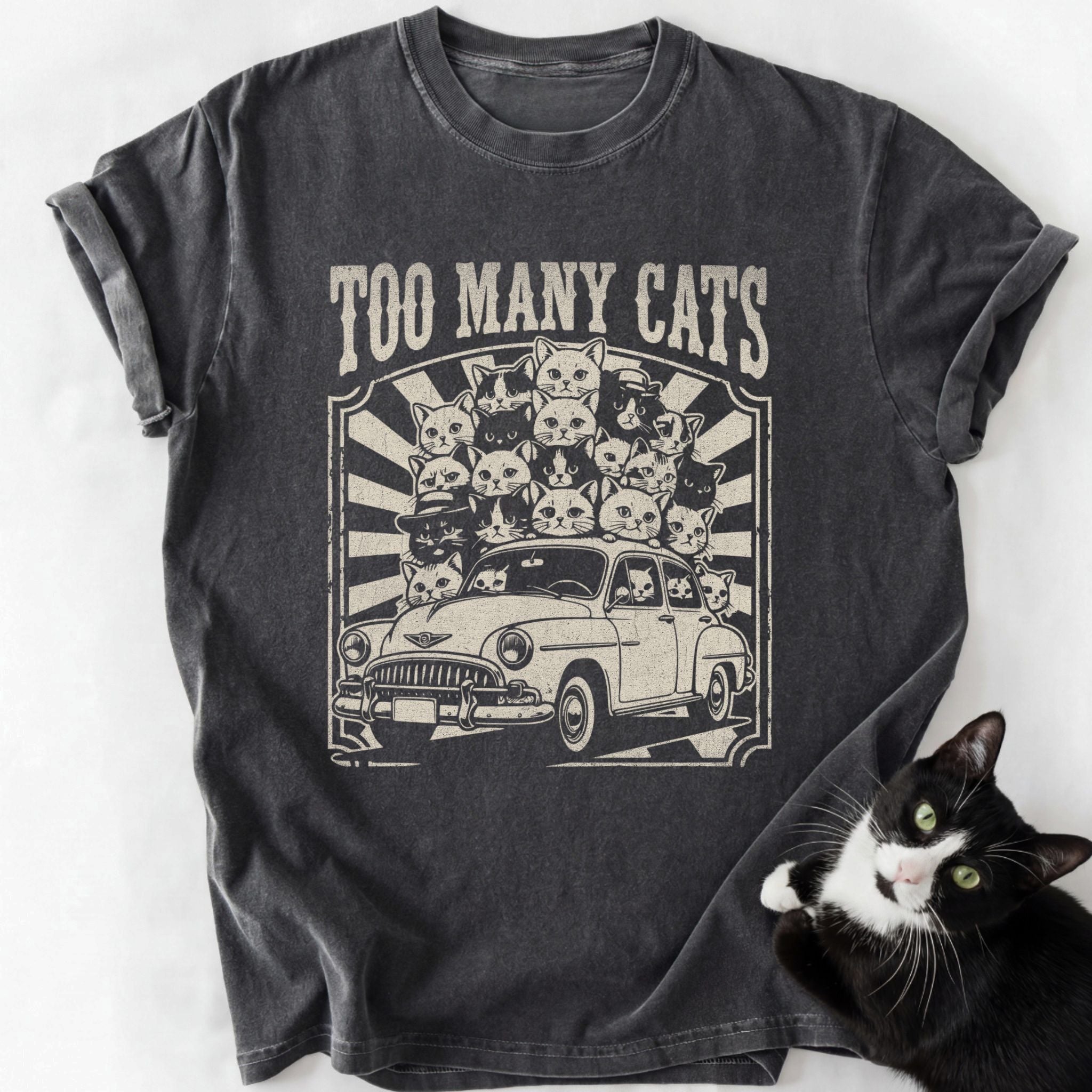 Dark gray soft-washed Too Many Cats t-shirt with vintage car cat graphic