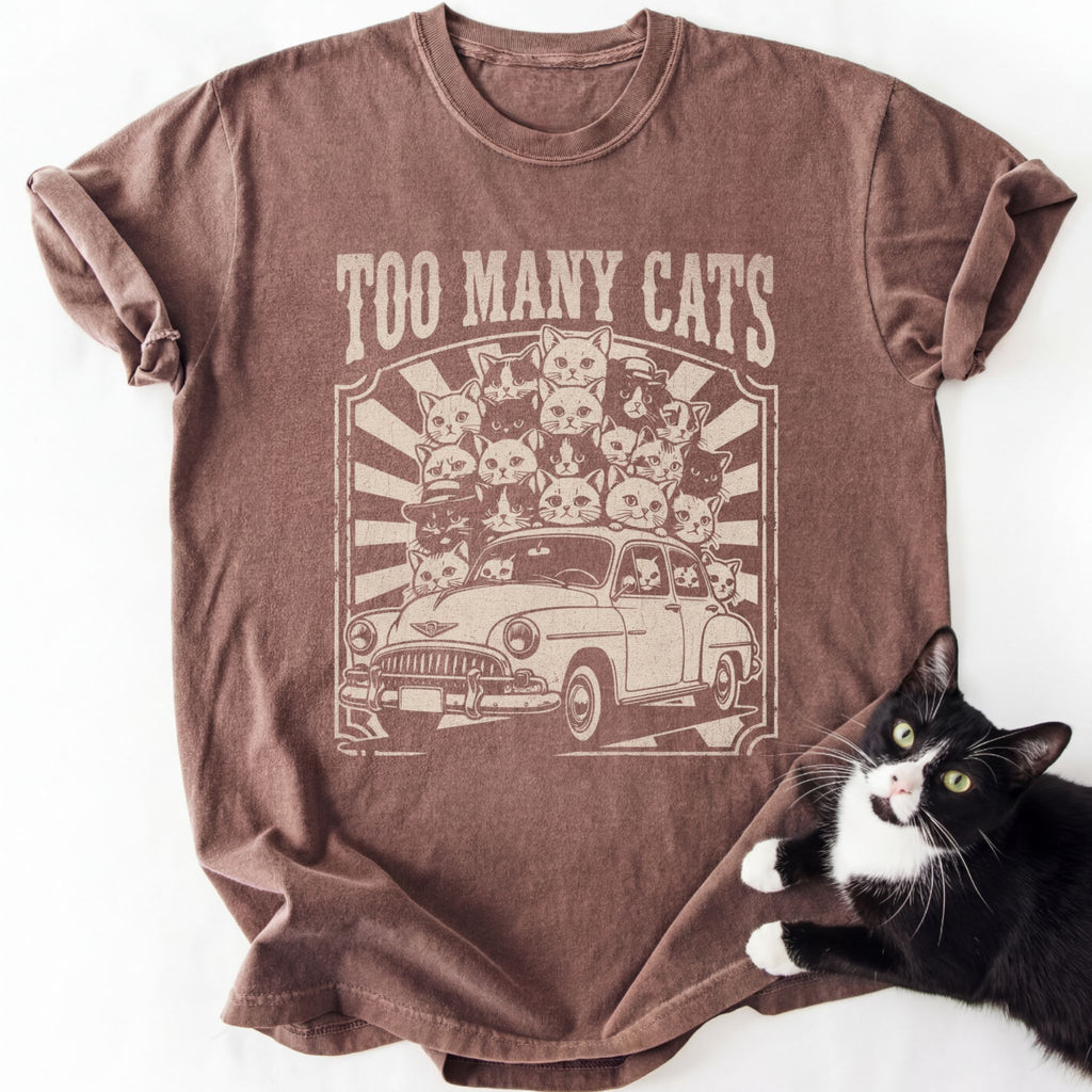 Brown Too Many Cats graphic tee with vintage car and cartoon cats design