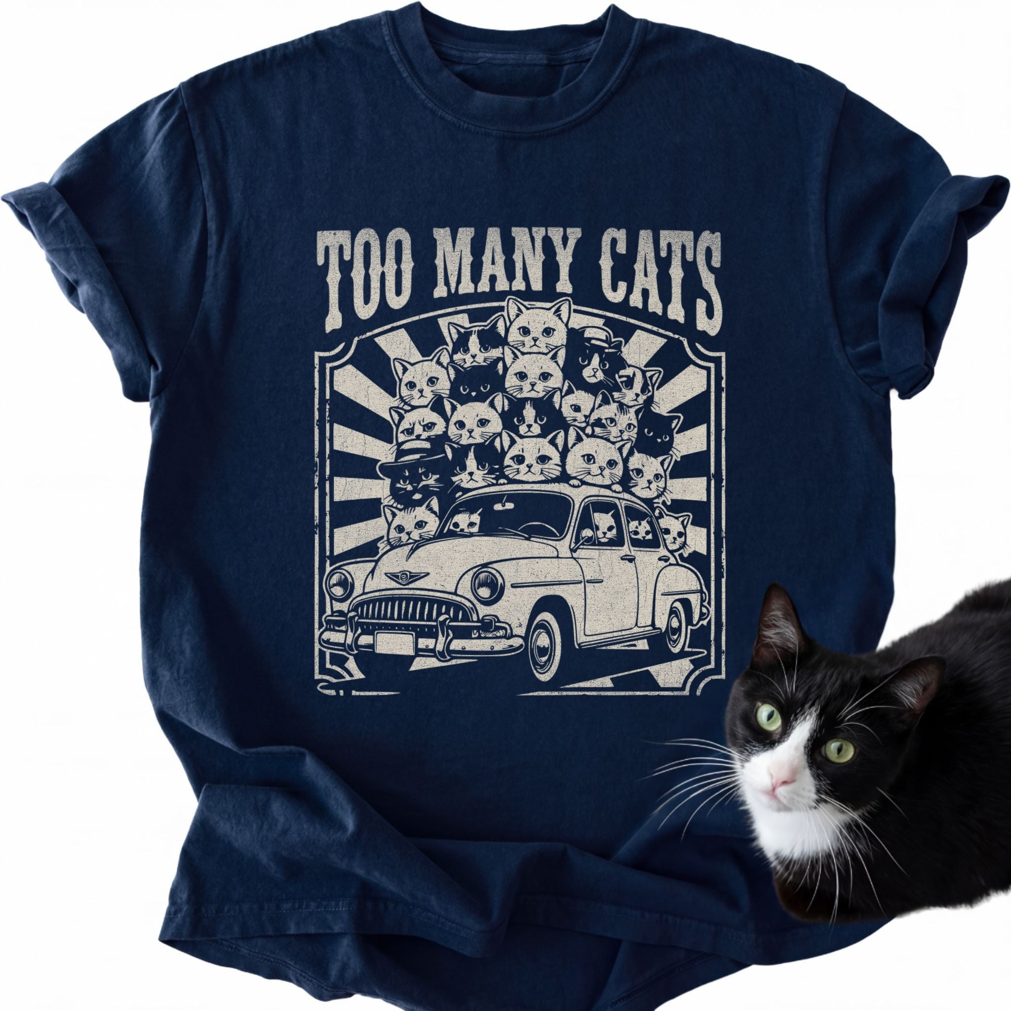 Navy blue Too Many Cats graphic tee with vintage car and cartoon cats
