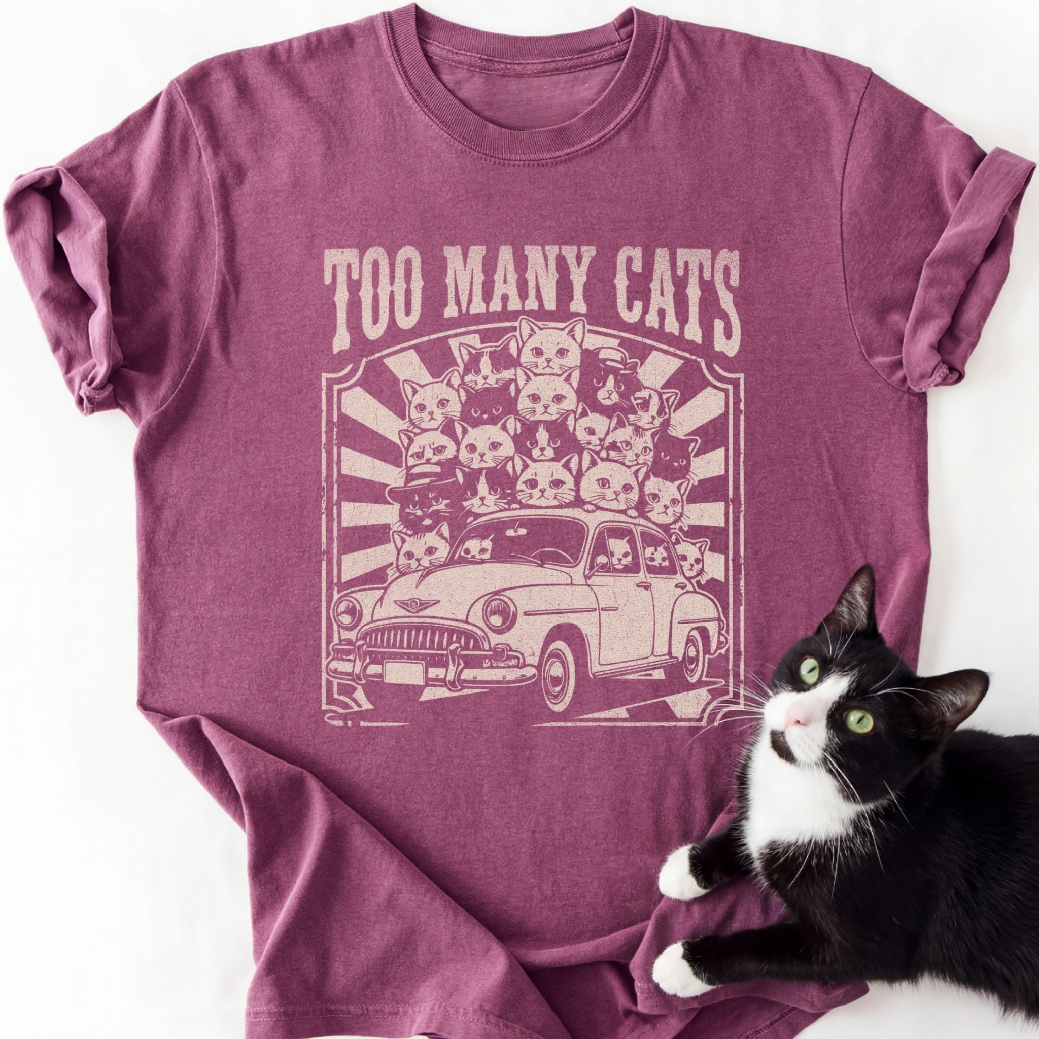 Maroon heathered Too Many Cats t-shirt featuring distressed cat car print