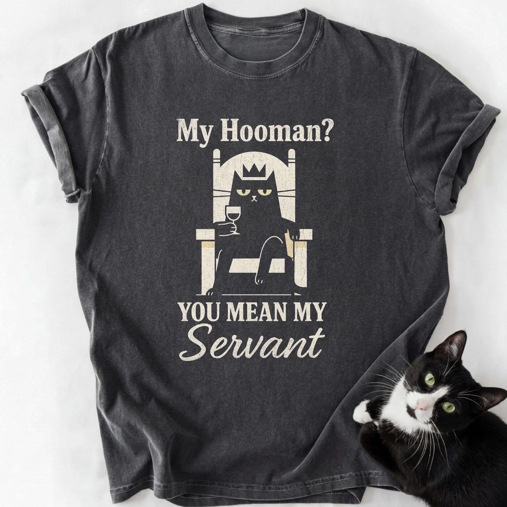 Dark gray cat servant graphic tee with crown cat design