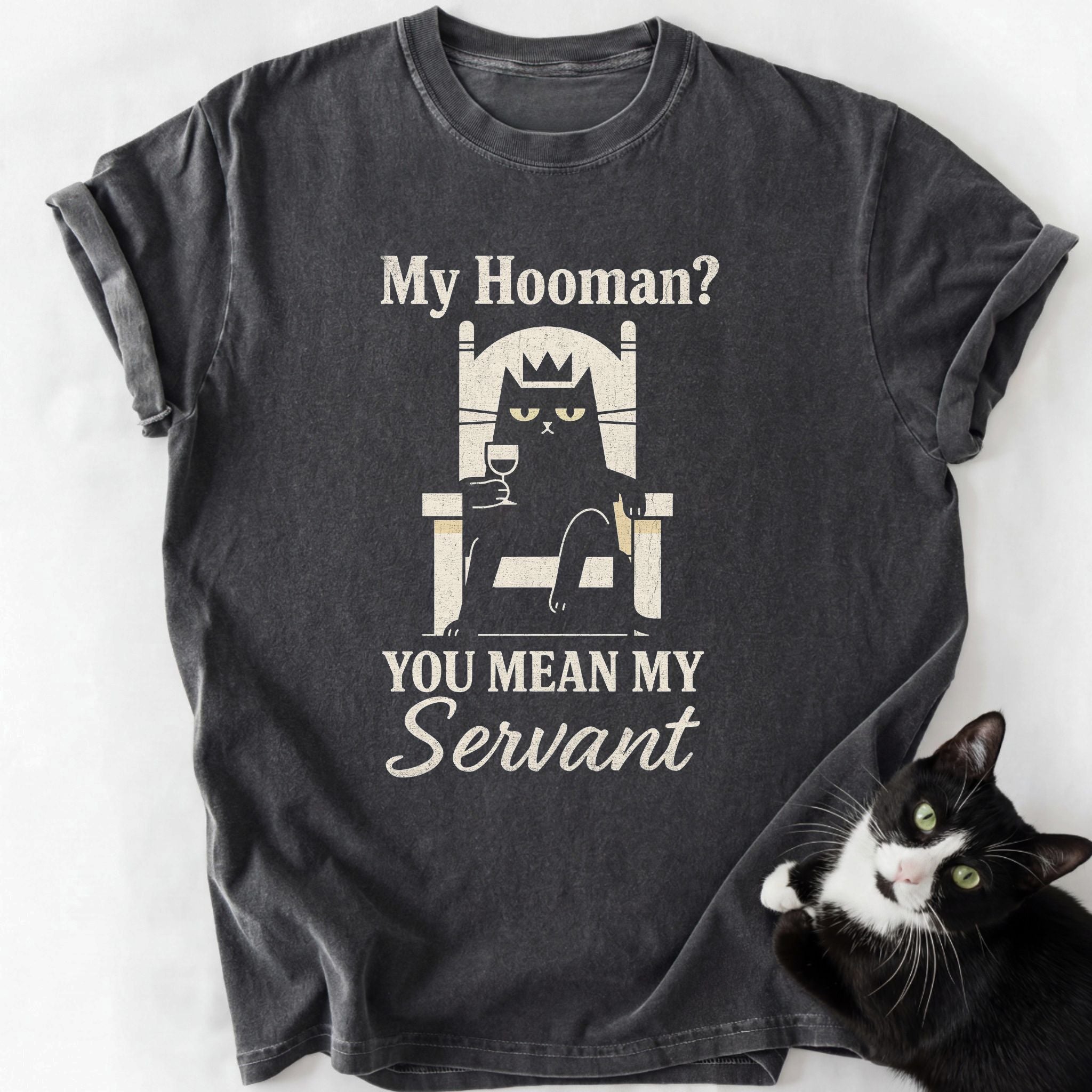 Dark gray cat servant graphic tee with crown cat design