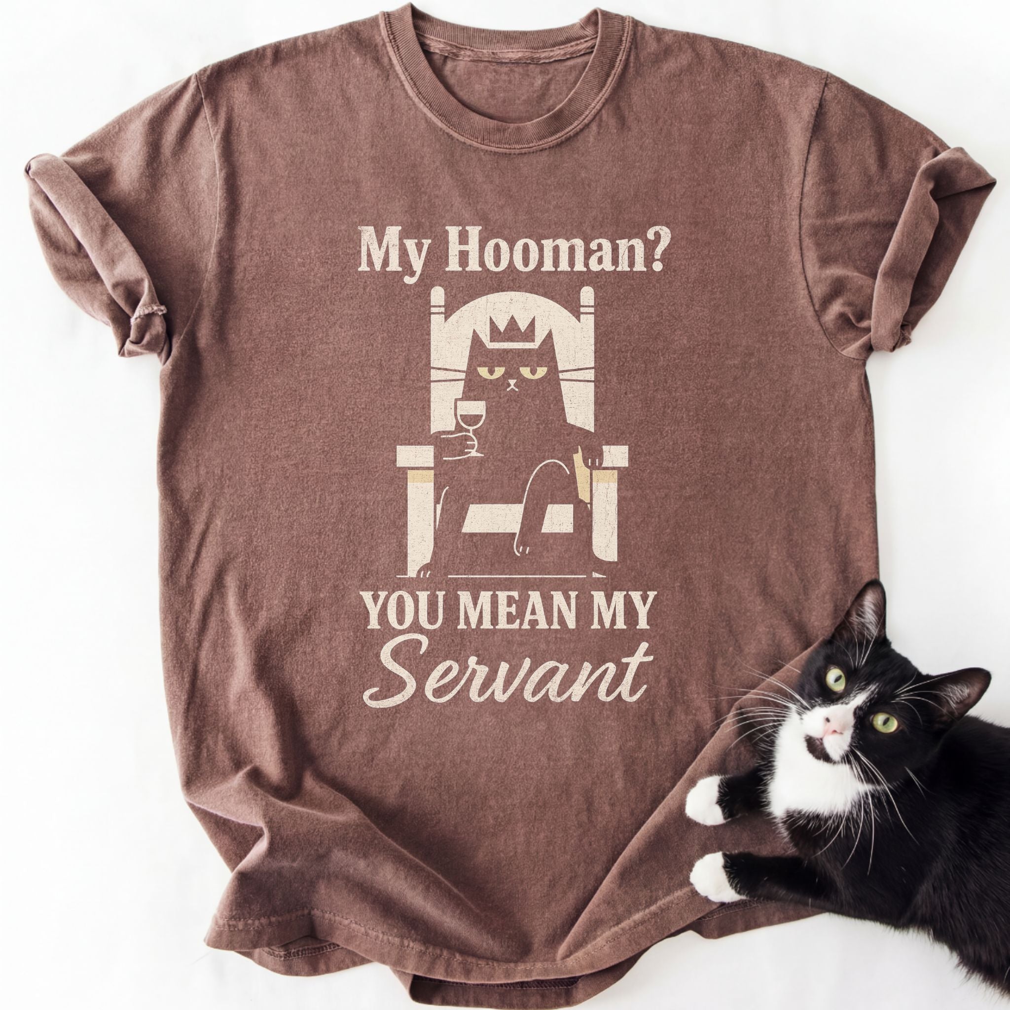 Brown heather cat dad gift tee with wine glass cat art