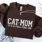 Dark Chocolate cat mom embroidered sweatshirt with “Cat Mom It’s A Full-Time Job” text, folded flat on light denim