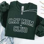 Forest Green cat mom club embroidered sweatshirt, folded flat on light denim