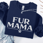 Navy fur mama embroidered sweatshirt with paw print detail, folded flat on light denim