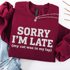 Maroon cat embroidered sweatshirt with “Sorry I’m Late” text, folded flat on light denim