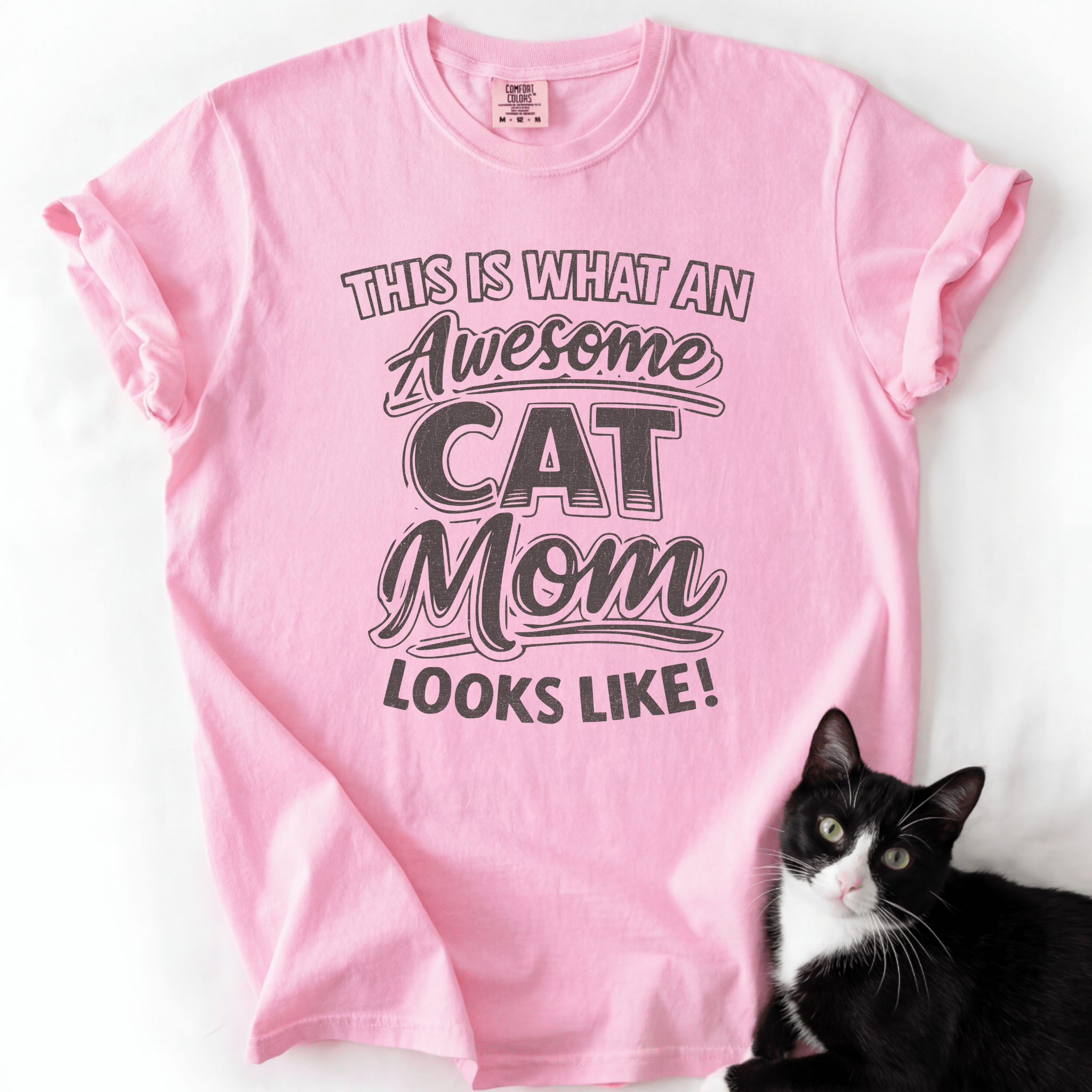 Blossom cat mom t-shirt with “This Is What an Awesome Cat Mom Looks Like” graphic displayed with a black cat beside the shirt
