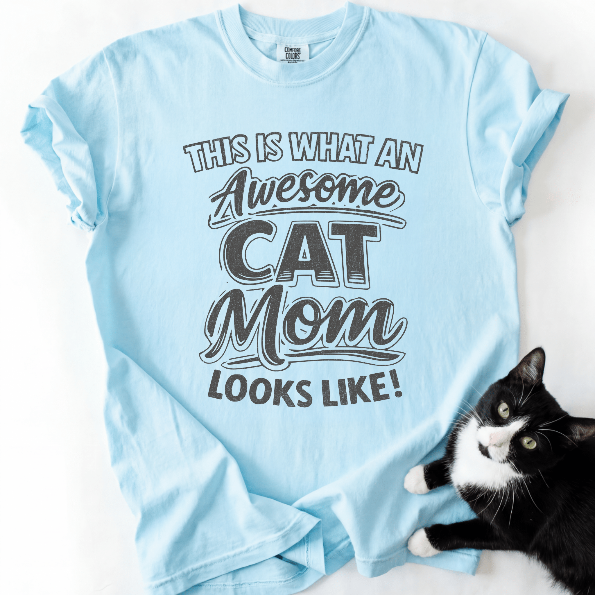 Chambray cat mom t-shirt with “This Is What an Awesome Cat Mom Looks Like” graphic shown in a flat lay with a black cat