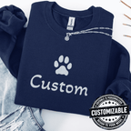 Navy cat embroidered sweatshirt with white paw print and customizable text