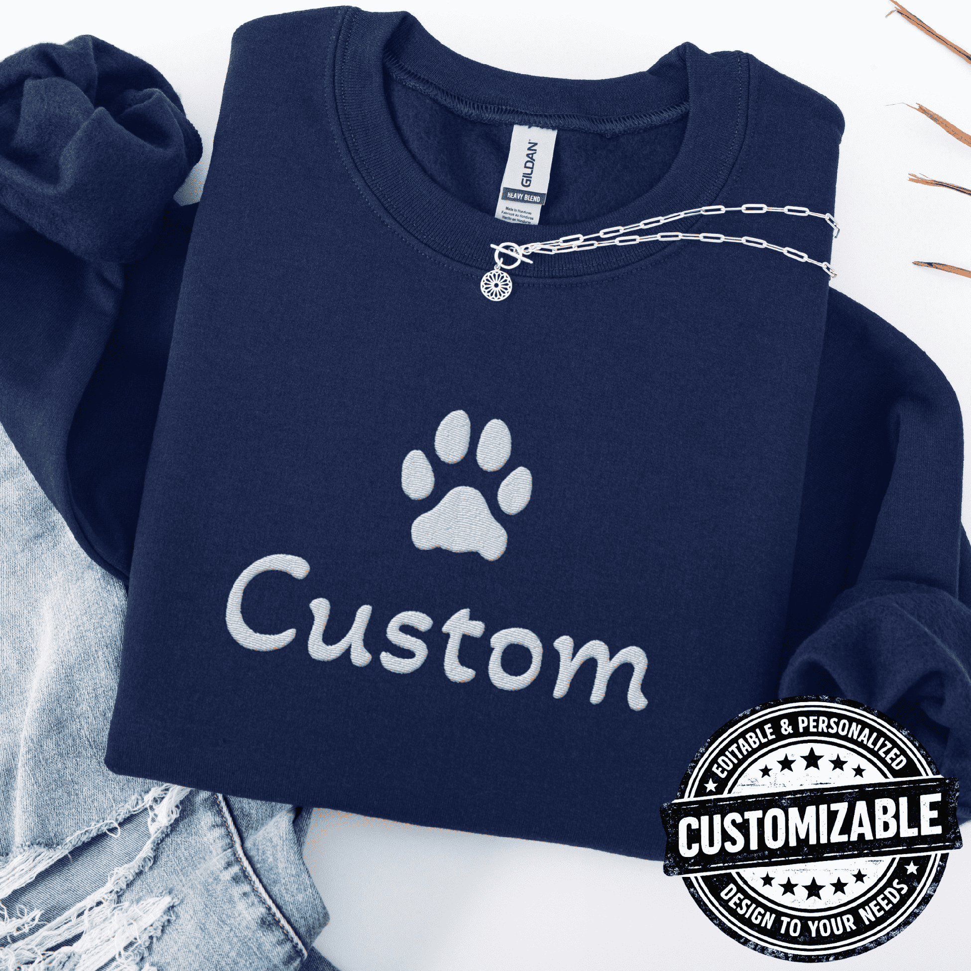 Navy cat embroidered sweatshirt with white paw print and customizable text