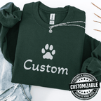 Forest green cat embroidered sweatshirt with white paw print and customizable text on the front