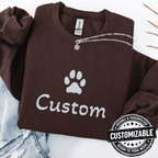 Dark chocolate cat embroidered sweatshirt with white paw print and customizable text