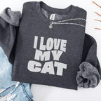 Dark Heather embroidered cat sweatshirt with the phrase “I Love My Cat” shown folded flat