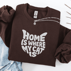 Dark Chocolate embroidered cat sweatshirt with the phrase “Home Is Where My Cat Is” shown folded flat