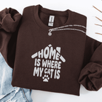 Dark Chocolate embroidered cat sweatshirt with the phrase “Home Is Where My Cats Are” shown folded flat