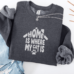 Dark Heather embroidered cat sweatshirt with the phrase “Home Is Where My Cats Are” shown folded flat