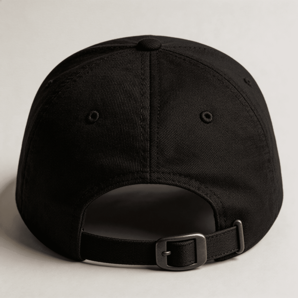 Back view of a black embroidered cap with adjustable strap