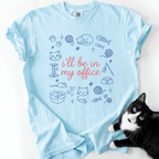 Chambray funny cat t shirt with I'll be in my office text and pastel cat office graphic, shown flat with a black cat peeking in