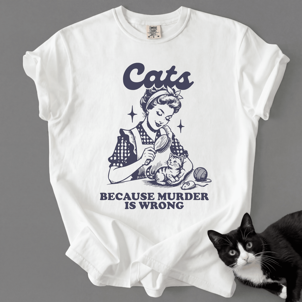 White Comfort Colors 1717 t-shirt with vintage black cat graphic and 'Cats Because Murder Is Wrong' text