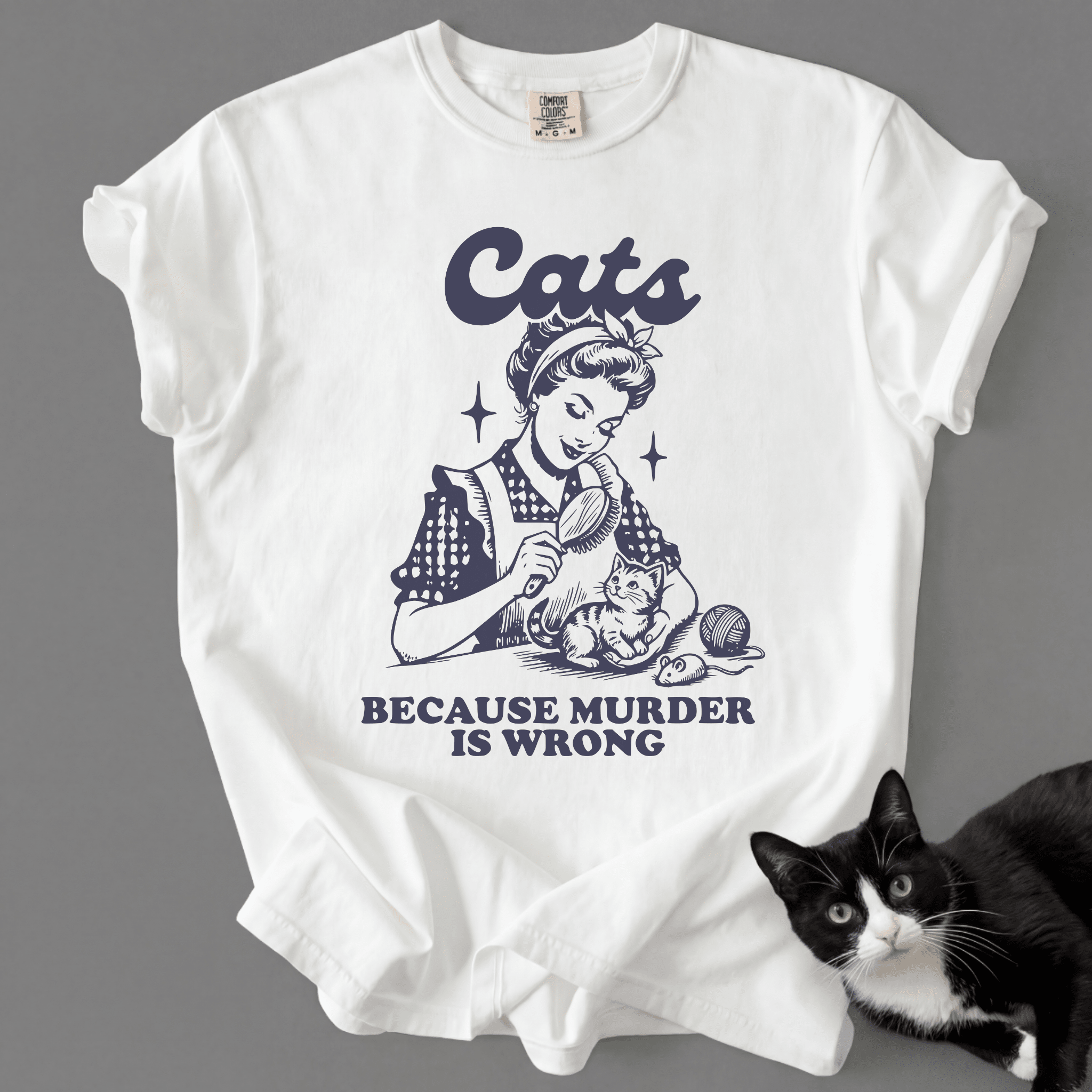 White Comfort Colors 1717 t-shirt with vintage black cat graphic and 'Cats Because Murder Is Wrong' text