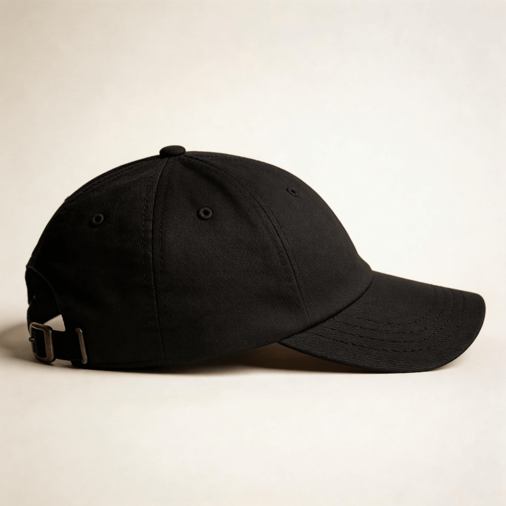 Side view of a black embroidered cap with curved brim