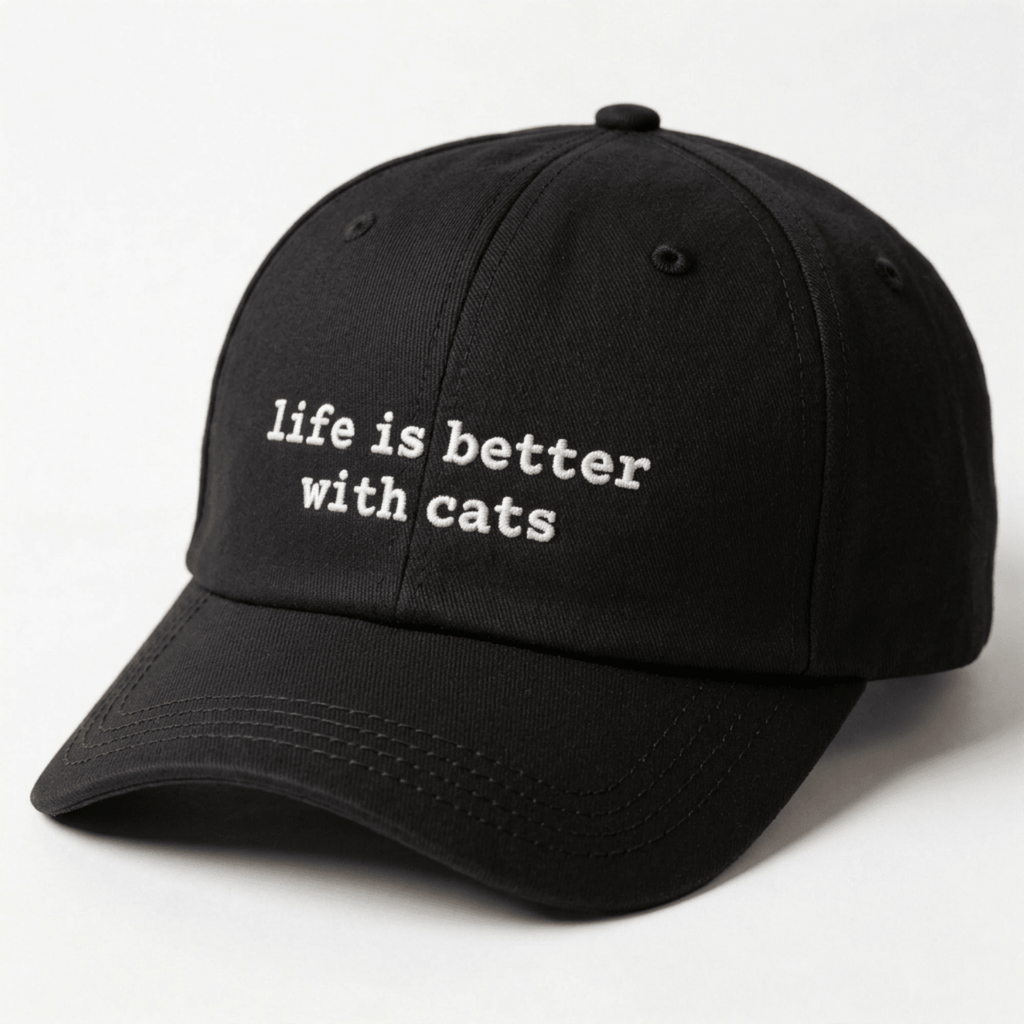 Angled front view of a black embroidered cap with life is better with cats text on the front