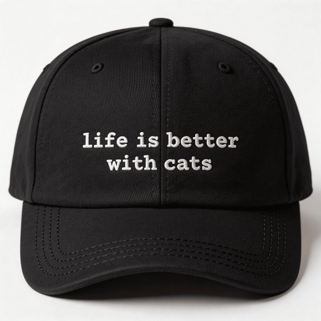 Front view of a black embroidered cap with the phrase life is better with cats in white lettering