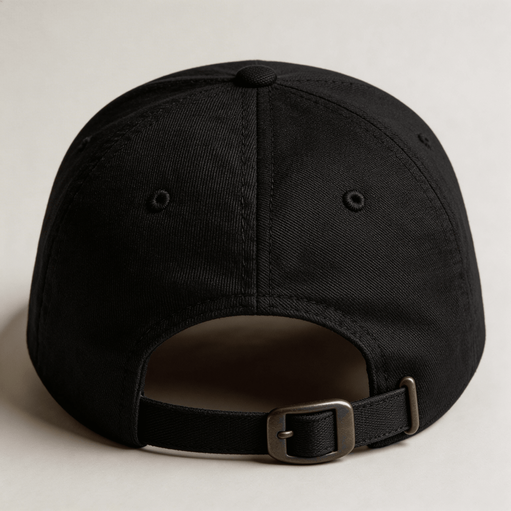 Back view of a black embroidered cap with adjustable strap and metal buckle
