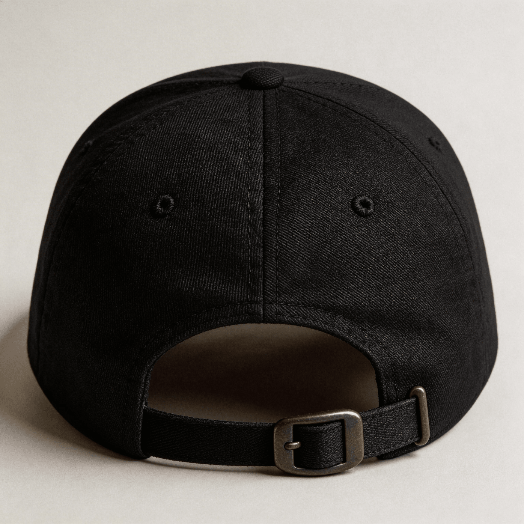 Back view of a black embroidered cap with adjustable strap and metal buckle