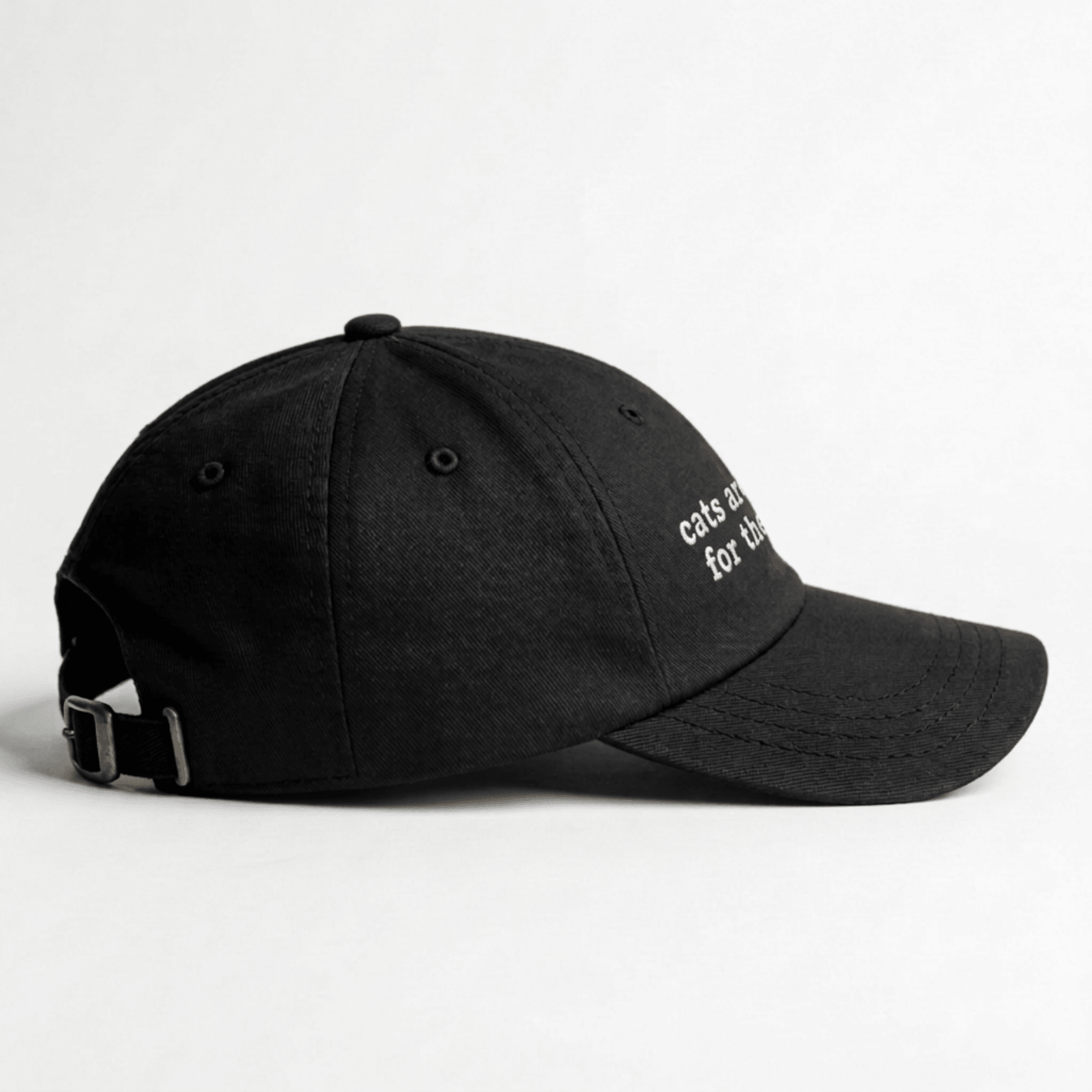 Angled front view of a black embroidered cap with cats are good for the soul text on the front
