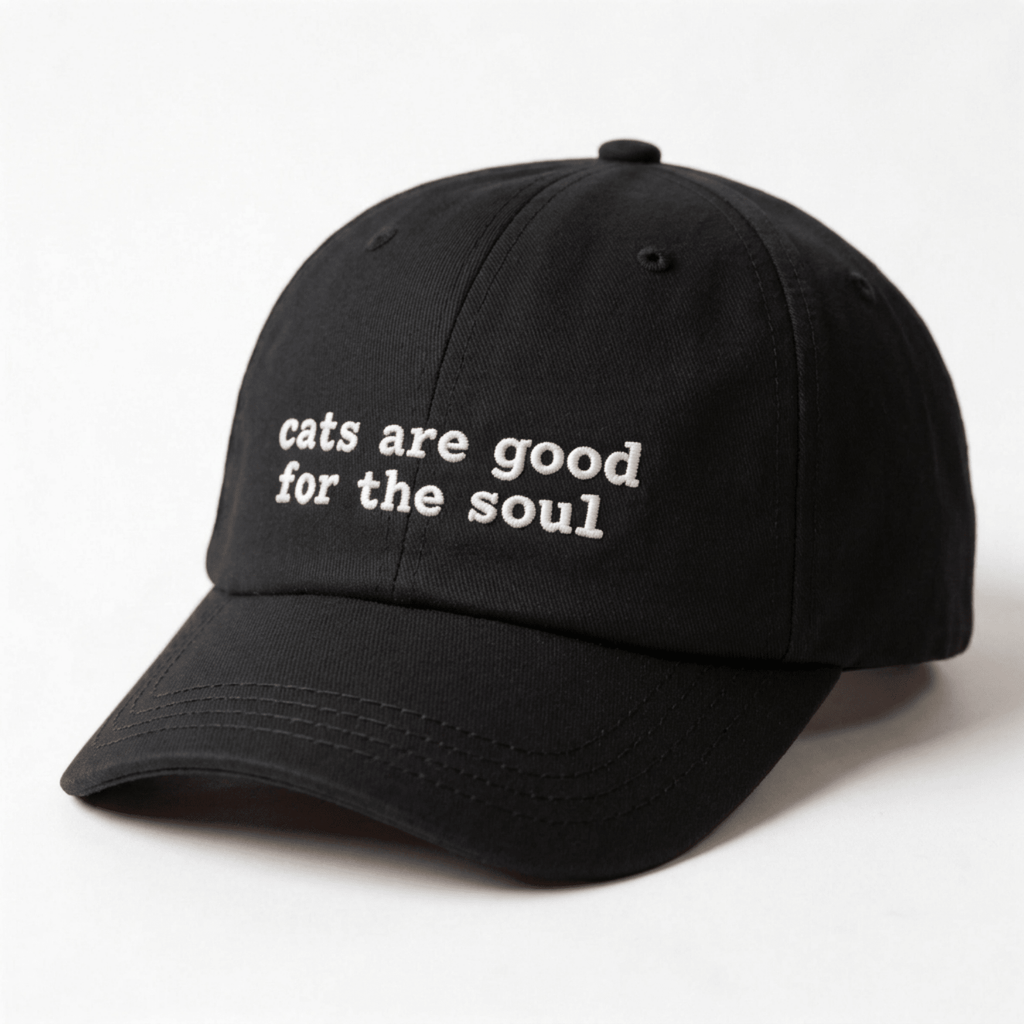 Side view of a black embroidered cap with curved brim and adjustable back strap