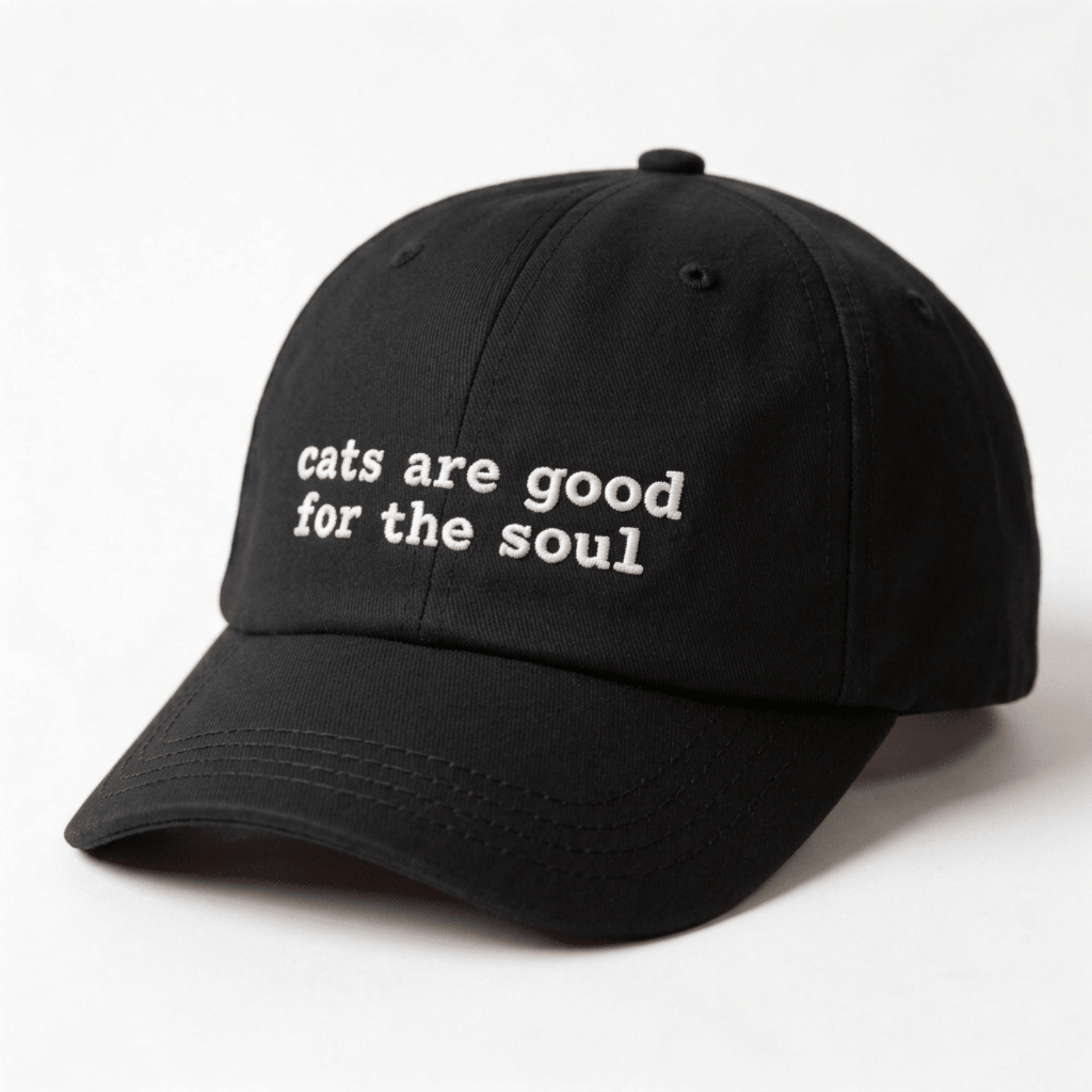 Side view of a black embroidered cap with curved brim and adjustable back strap