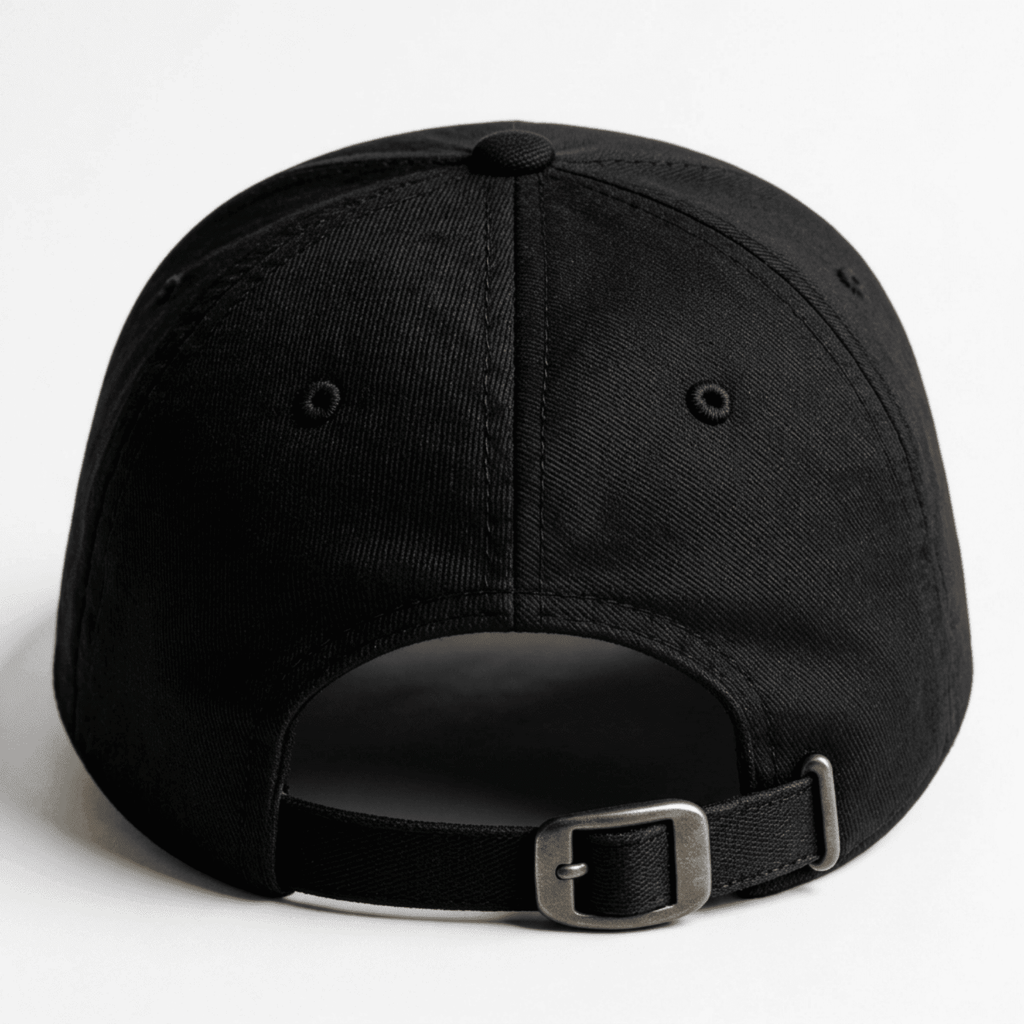 Back view of a black embroidered cap with adjustable strap and metal buckle