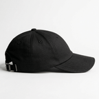 Side view of black embroidered cat lover cap with curved brim