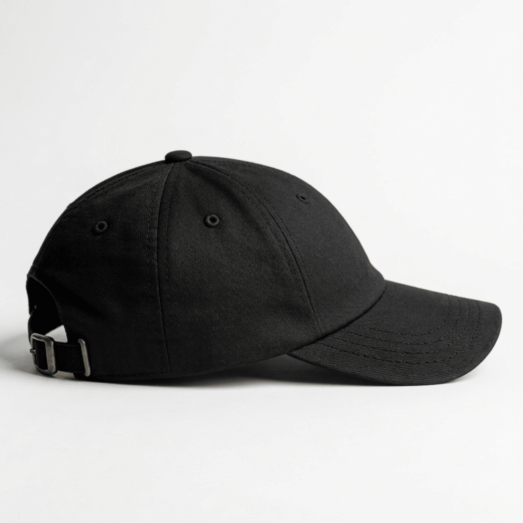Side view of black embroidered cat lover cap with curved brim