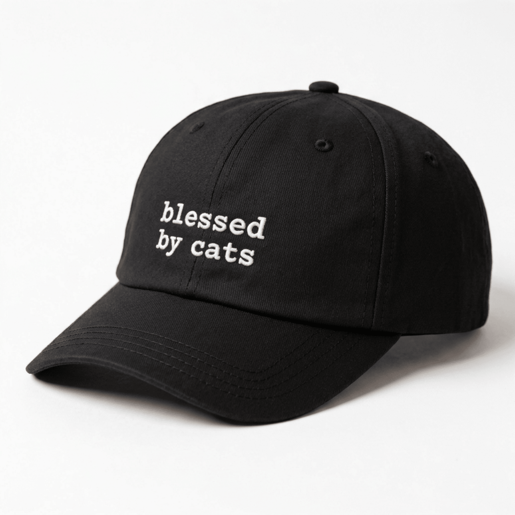 Angled front view of black blessed by cats embroidered cap