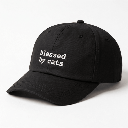 Angled front view of black blessed by cats embroidered cap