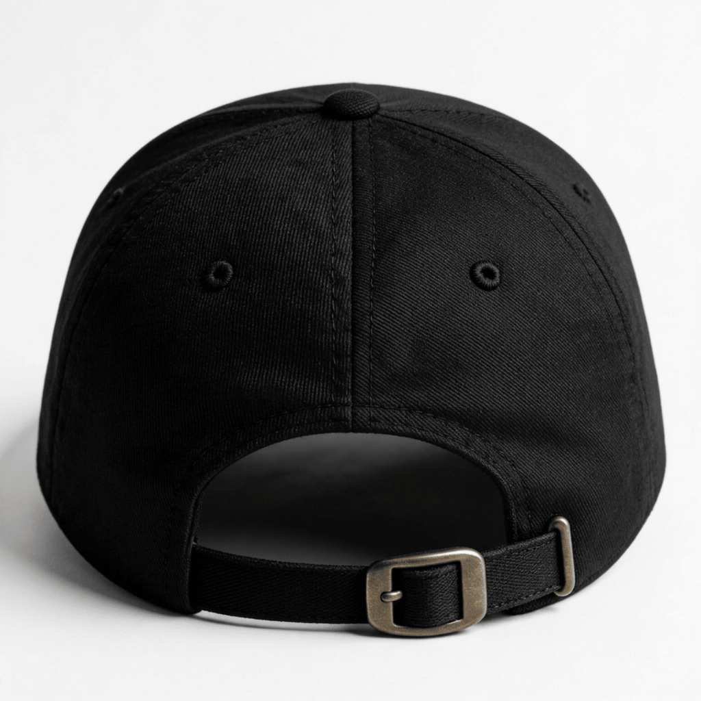 Back view of black adjustable cap with metal buckle closure