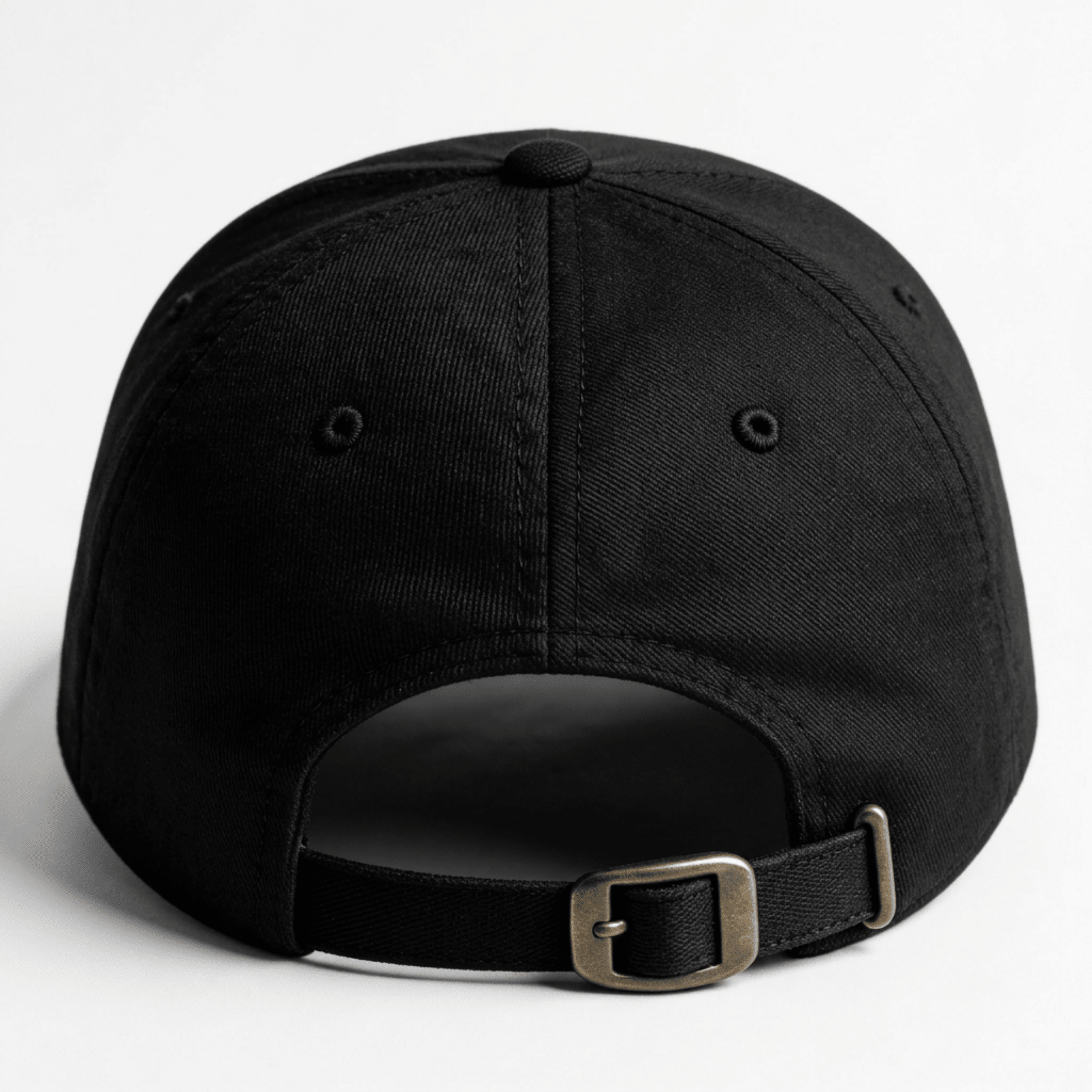 Back view of black adjustable cap with metal buckle closure