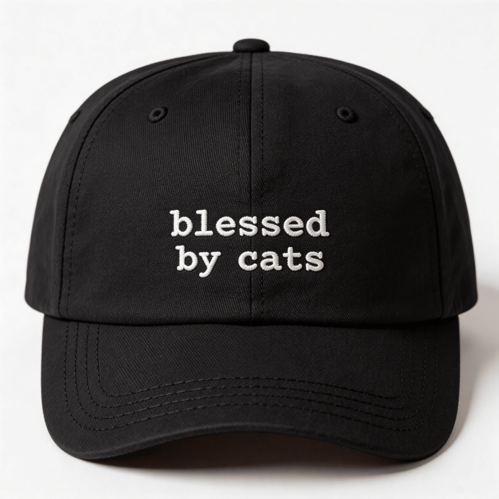 Black embroidered cap with the phrase blessed by cats stitched in white on the front